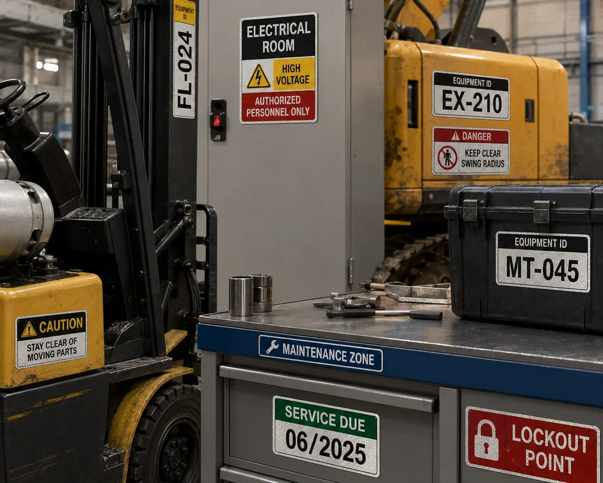 Reflective labels for industrial operations and heavy equipment