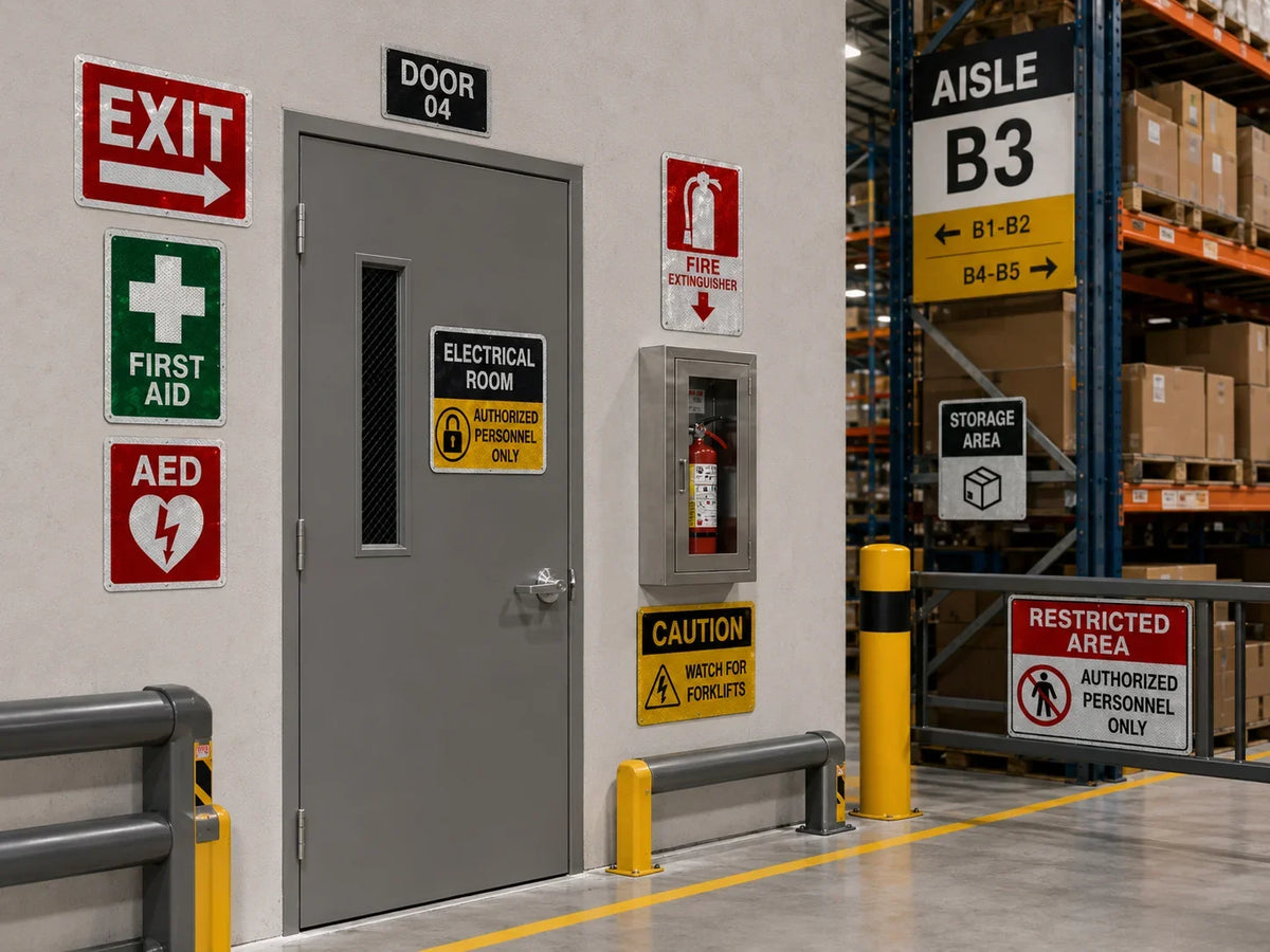 Reflective safety signs for warehouses and facilities